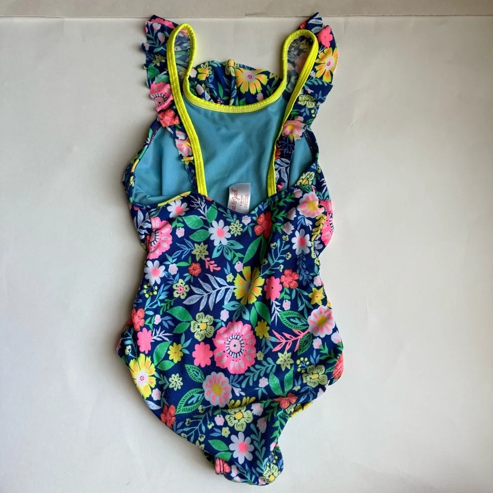 🍭 Cat & Jack Girls Blue Floral One-Piece Swimsuit - Size Small (6/6X) (Used)